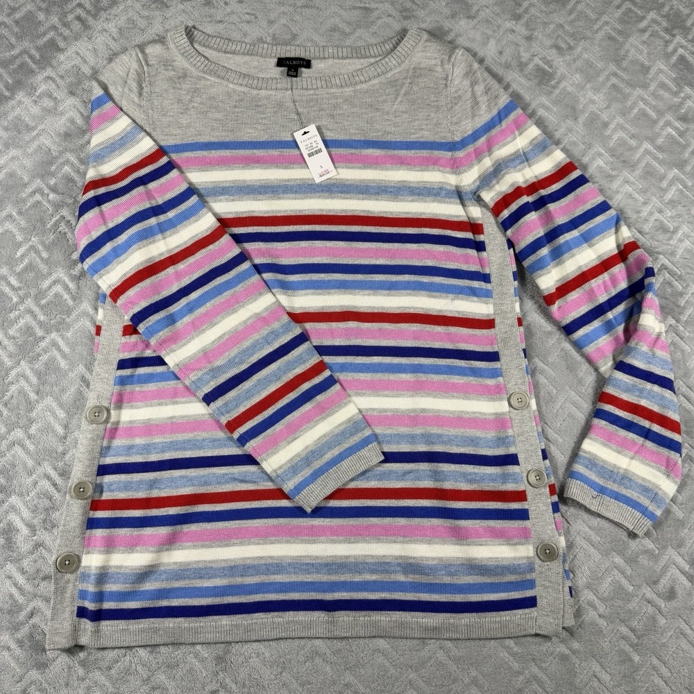 Talbots Women's Gray Multi Colored Stripes‎ Side Button Sweater Size Small NWT